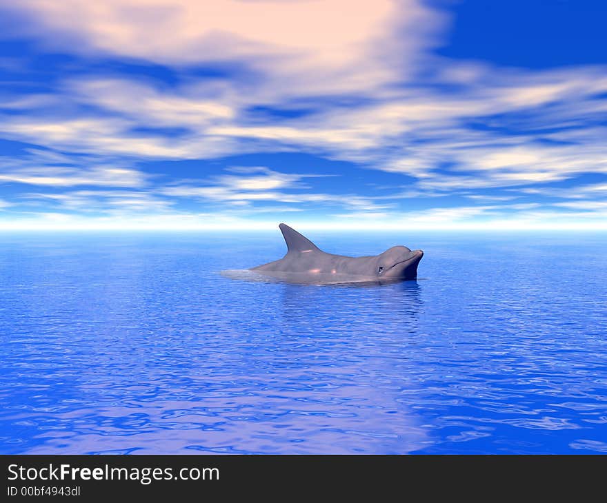 Swimming dolphin on blue sea water - 3d scene. Swimming dolphin on blue sea water - 3d scene.