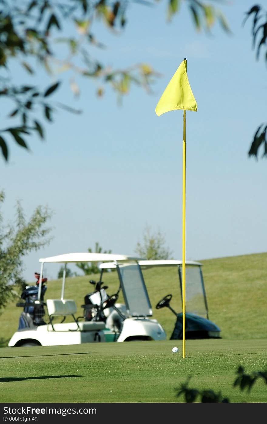 Flag on green on the field for playing golf