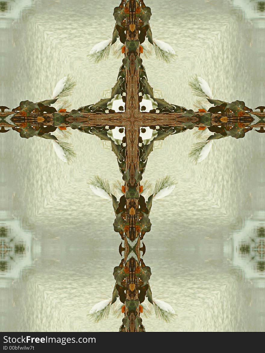 Kaleidoscope cross from photo of cedar tree with ivy, icy pond background. Kaleidoscope cross from photo of cedar tree with ivy, icy pond background