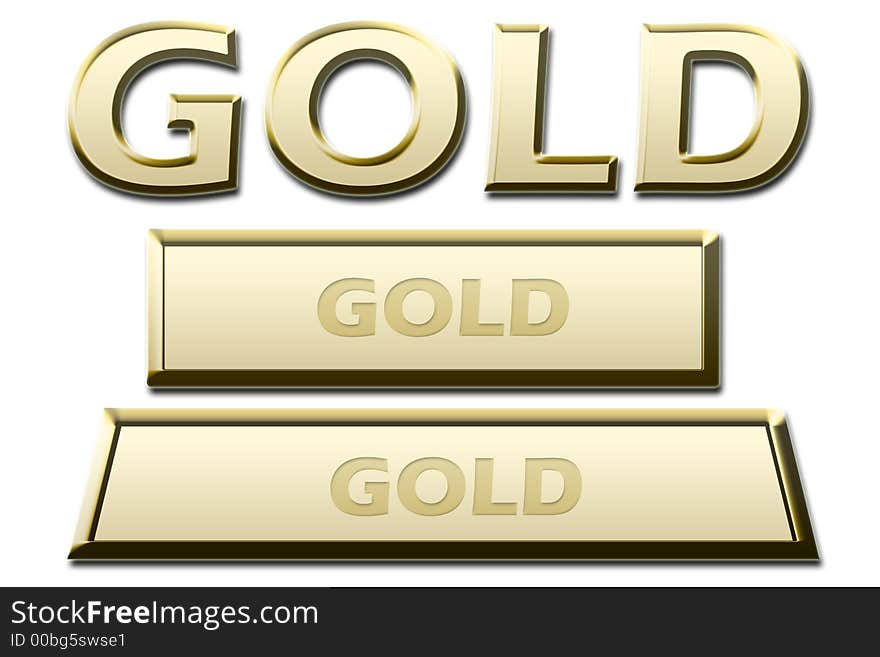 Gold, golden sign, symbol and gold, golden brick, bar on white background