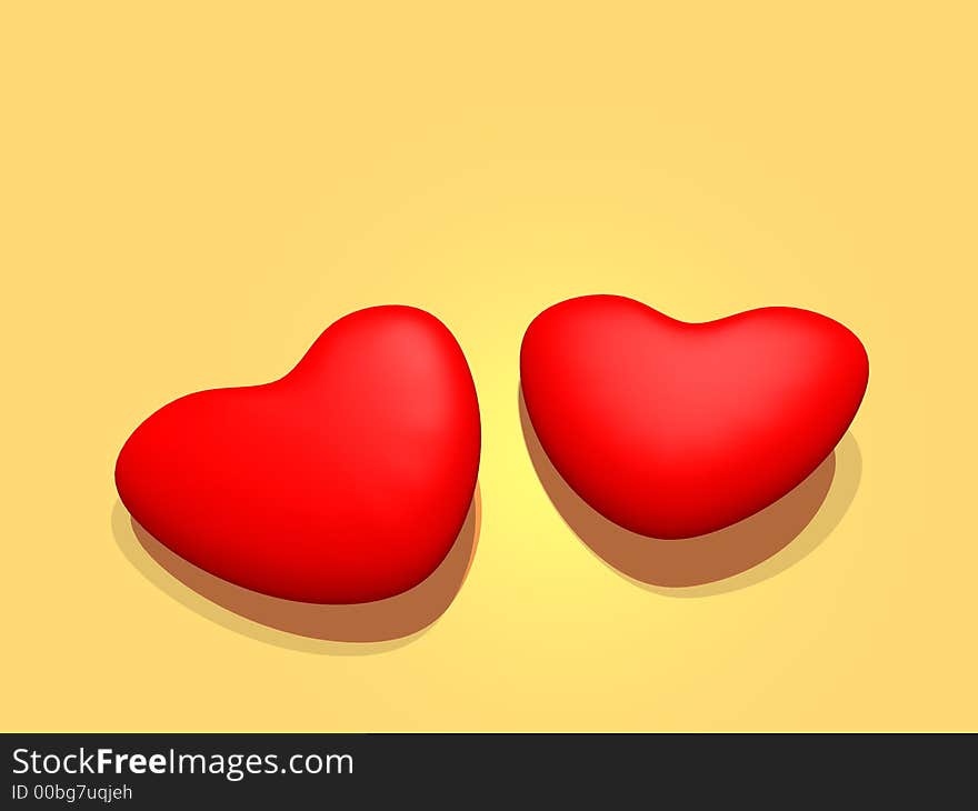 Two 3D hearts on a yellow background (postcard)