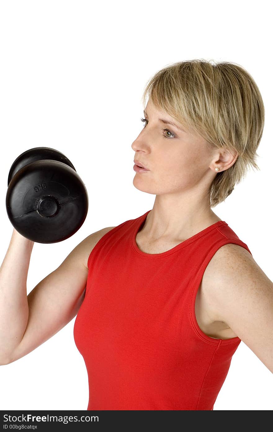 Young women weight lifting close up on white. Young women weight lifting close up on white