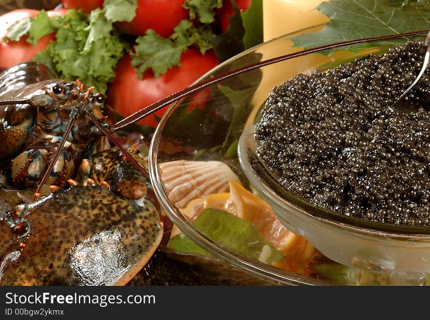 Caviar black and crab, tomatoes, shell. Caviar black and crab, tomatoes, shell