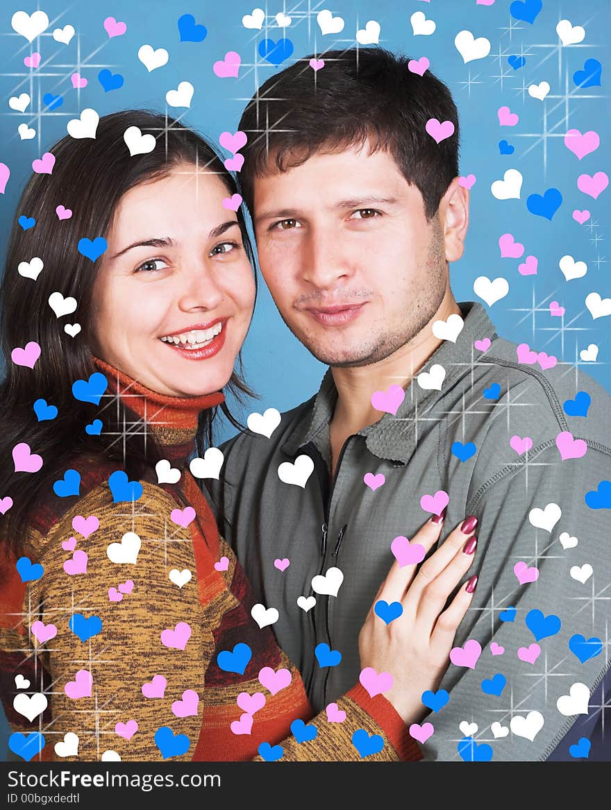 Happy couple surrounded by rendered hearts