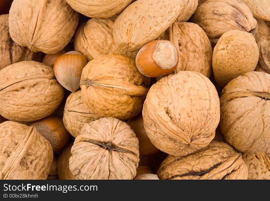 Nuts, walnuts, hazelnuts, almonds