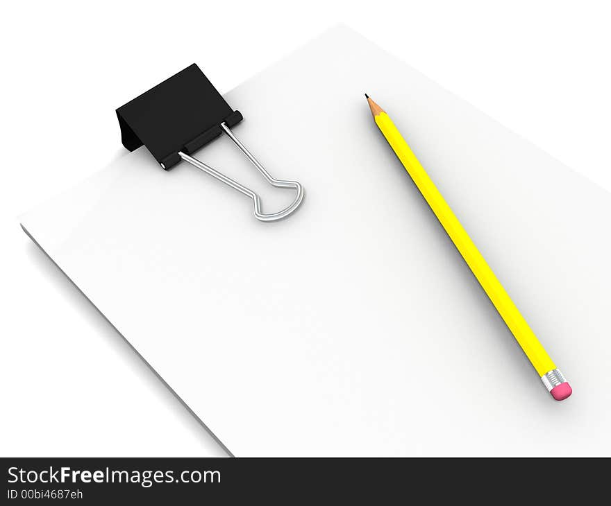 Blank paper with rubber pencil and clamp