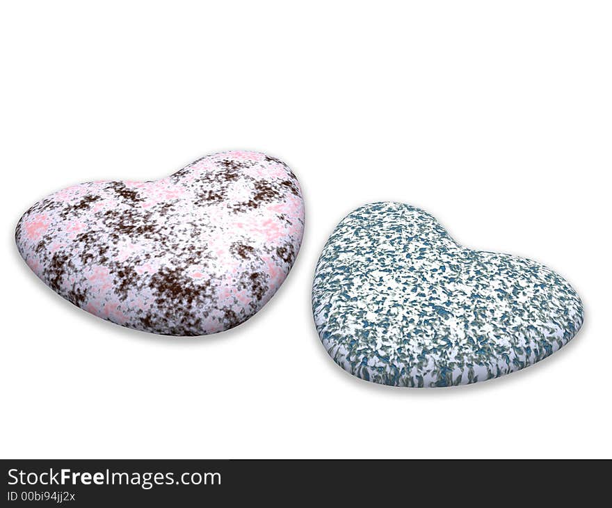 Two heart from a color marble stone on a white background. Two heart from a color marble stone on a white background