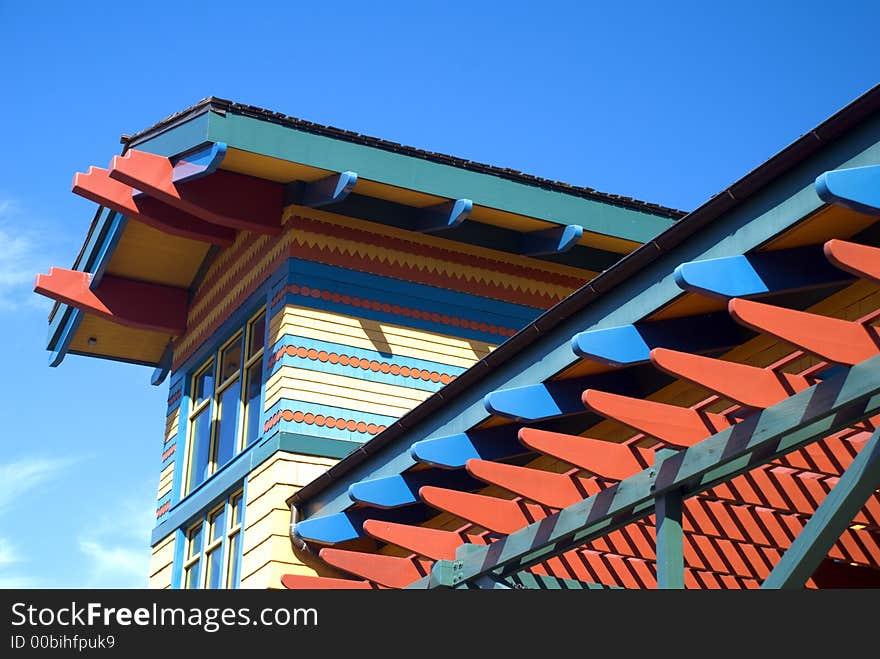 Very colorful roof and building with blue sky. Very colorful roof and building with blue sky