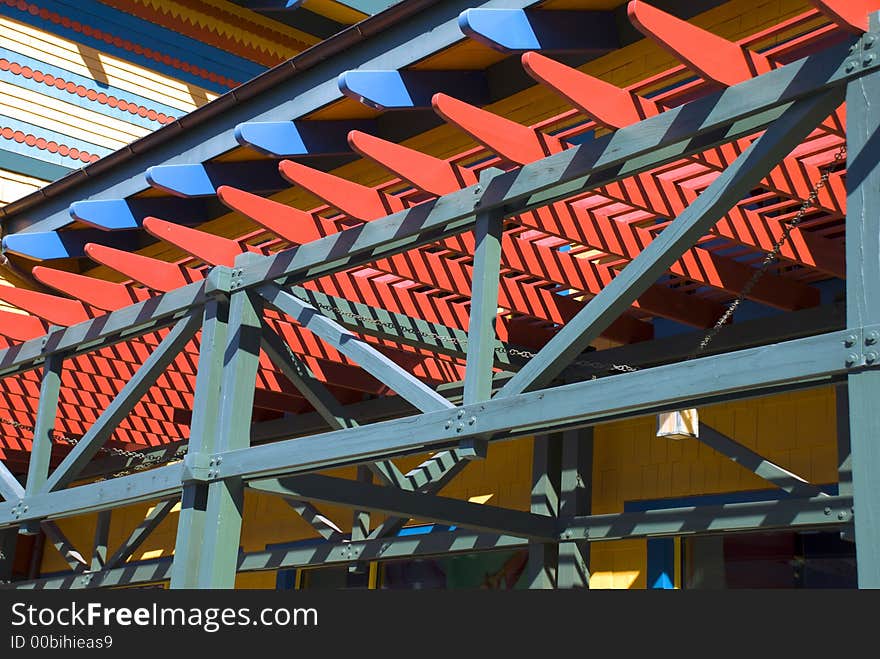 Very colorful roof over a walkway. Very colorful roof over a walkway