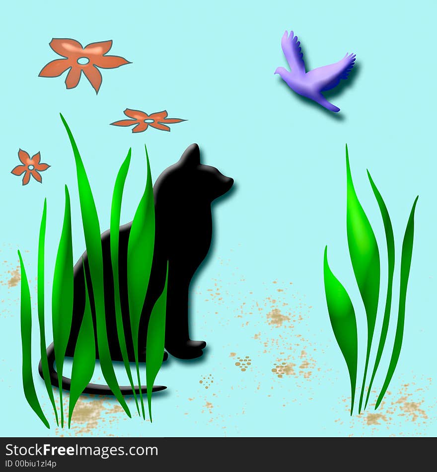 illustrated art cat watching bird in the garden. illustrated art cat watching bird in the garden