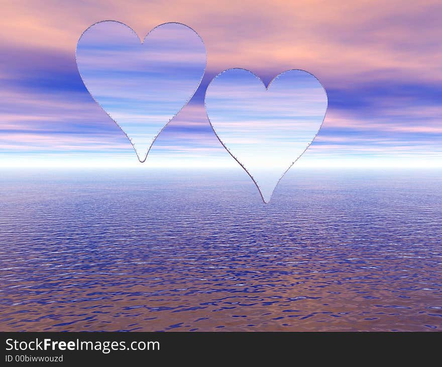 Two transparent hearts on a sunset sky - digital artwork.