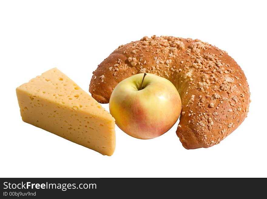 Cheese, apple and bread isolated on white background. Cheese, apple and bread isolated on white background