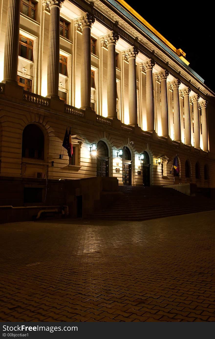 Columns view in night lights in Bucharest - Romania