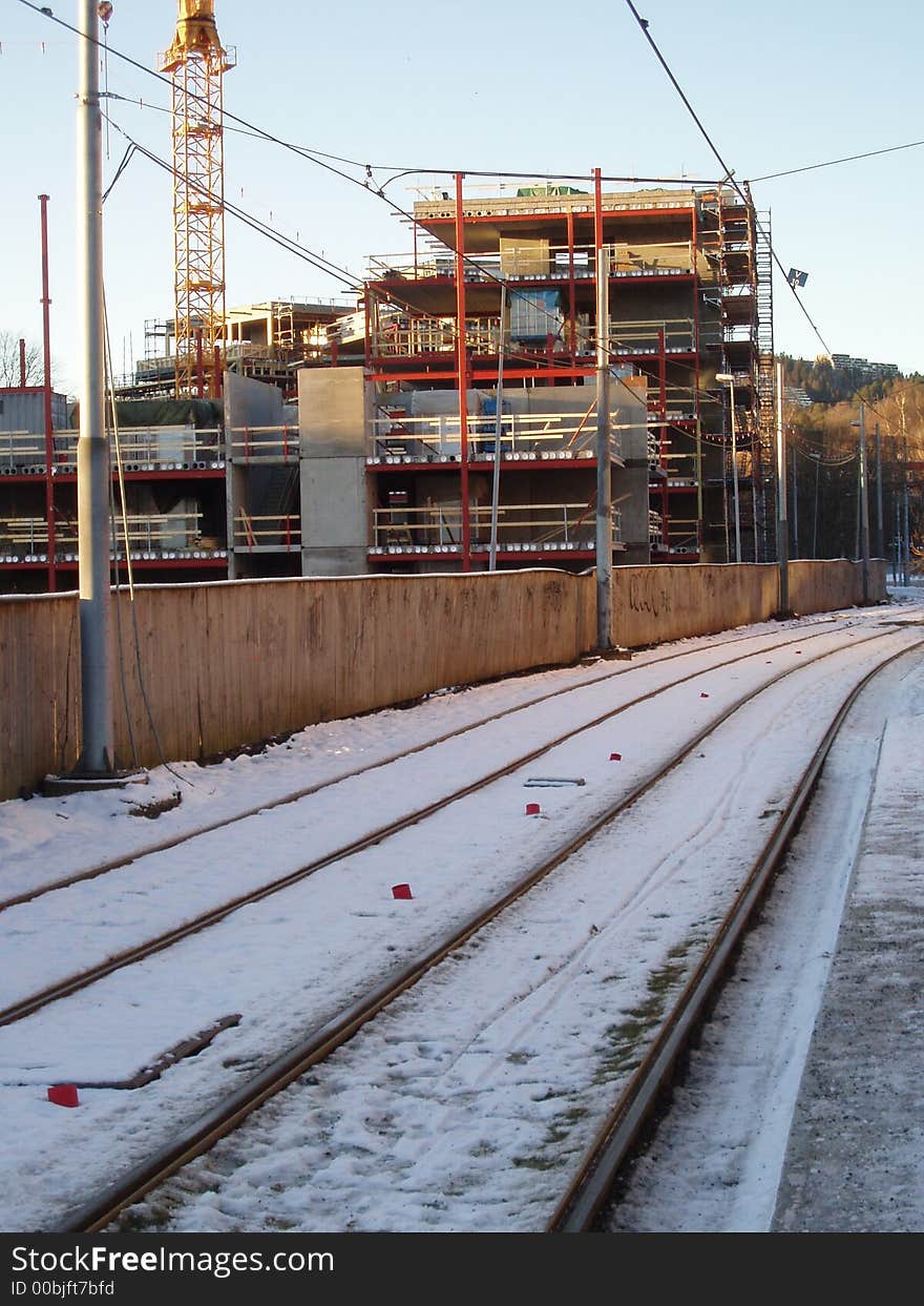 A builing site by the tram rails in Oslo, nrway. A builing site by the tram rails in Oslo, nrway