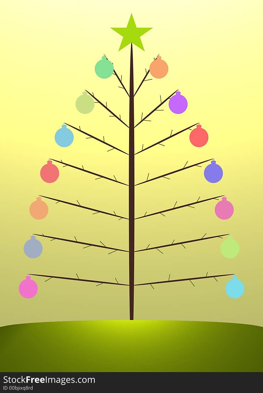 Illustration of a christmas tree with colored baubles