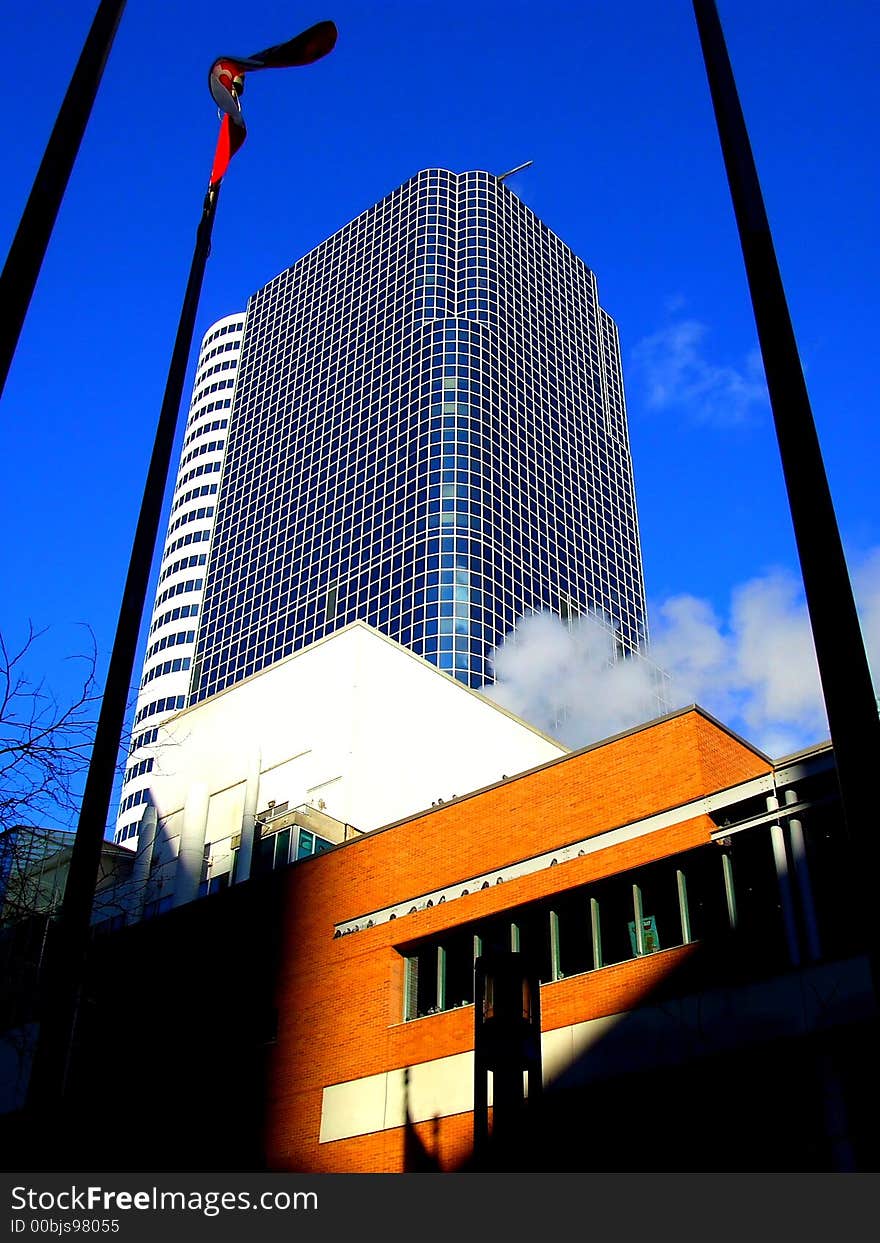 Looking upward at a skyscraper