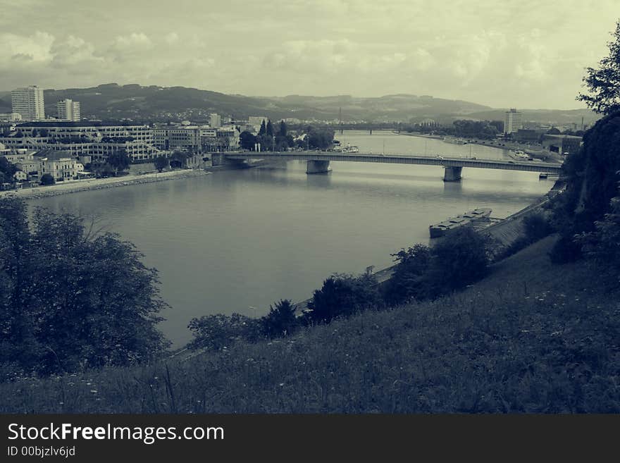 View over Linz in coloured old style black and white