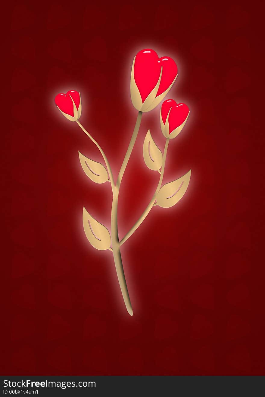 Gold abstract flower with hearts on a red stylish heart background - With buds in the form of hearts. Gold abstract flower with hearts on a red stylish heart background - With buds in the form of hearts