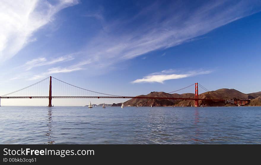 Photo of the golden gate bridge taken from a boat in the bay