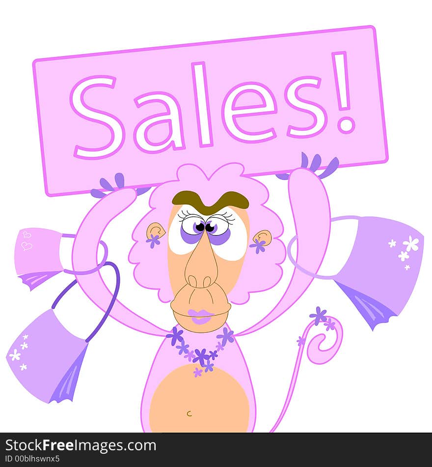 A funny baboon lady with a big sign: SALES! Vectorial image. A funny baboon lady with a big sign: SALES! Vectorial image