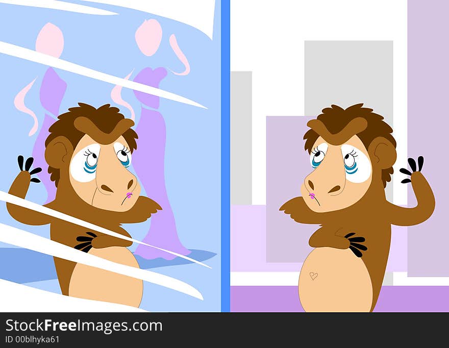 A funny baboon lady is looking for a beautiful robe in a shop-window. Vectorial image. A funny baboon lady is looking for a beautiful robe in a shop-window. Vectorial image