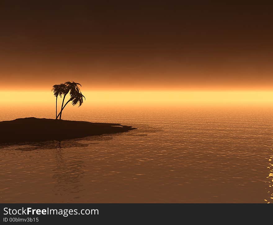 Coconut palm trees  on a sunset beach - 3d illustration. Coconut palm trees  on a sunset beach - 3d illustration.