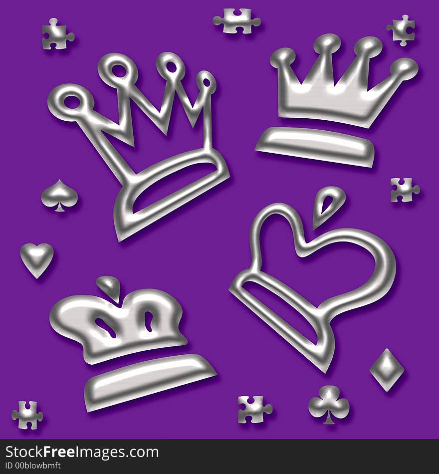 Silver game pieces assortment on purple background. Silver game pieces assortment on purple background