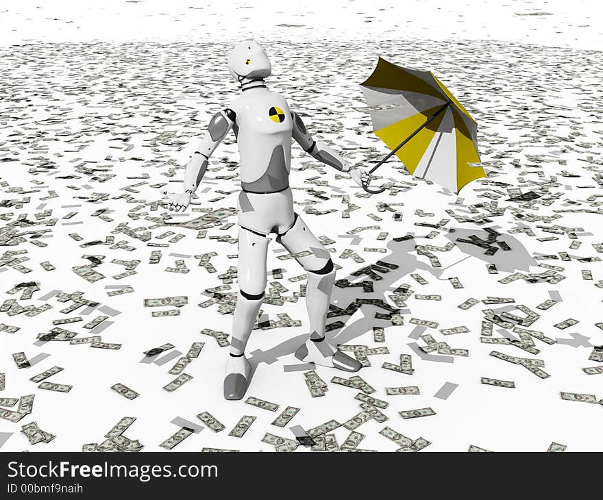 Crash test dummy in a raining dollars over a white background