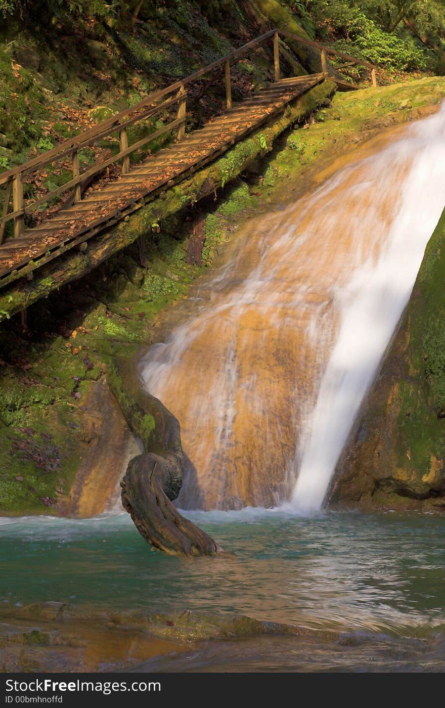 Waterfall, stairs and large beam, Lazarevskoe, Sochi, Russia