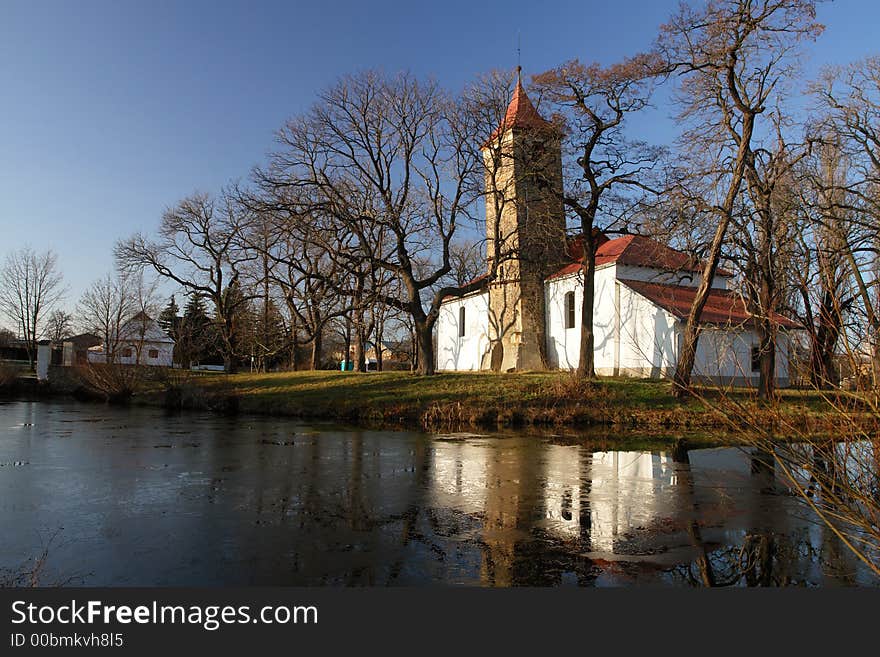 A village church with declaining belfry