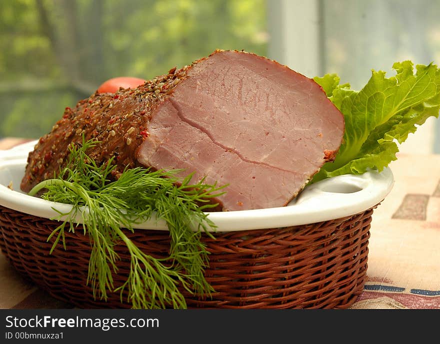 Food collage: smoked meat, bread, chicken and vegetables