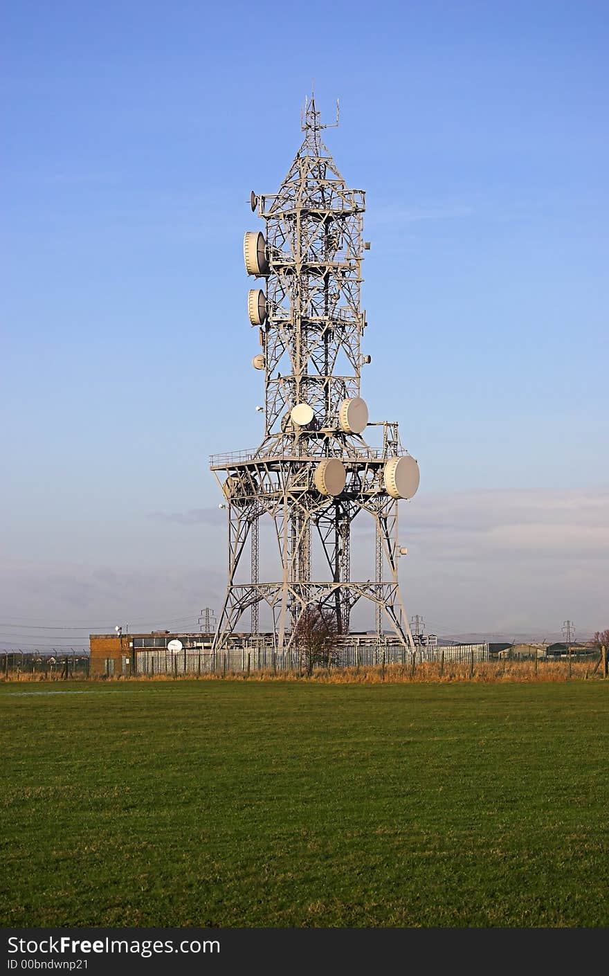 Photo of a mobile phone mast against a clear blue sky in late afternoon light.