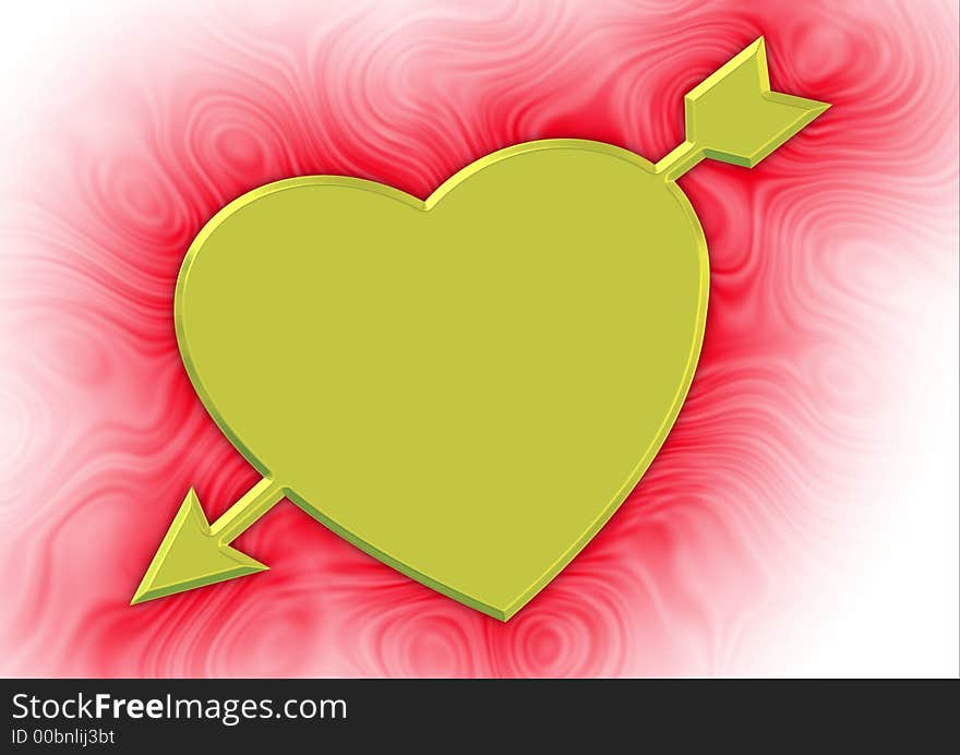 Golden heart and arrow on a red swirly background. Golden heart and arrow on a red swirly background