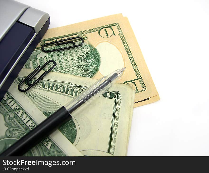 Beautiful office with money the handle and the calculator on a white background