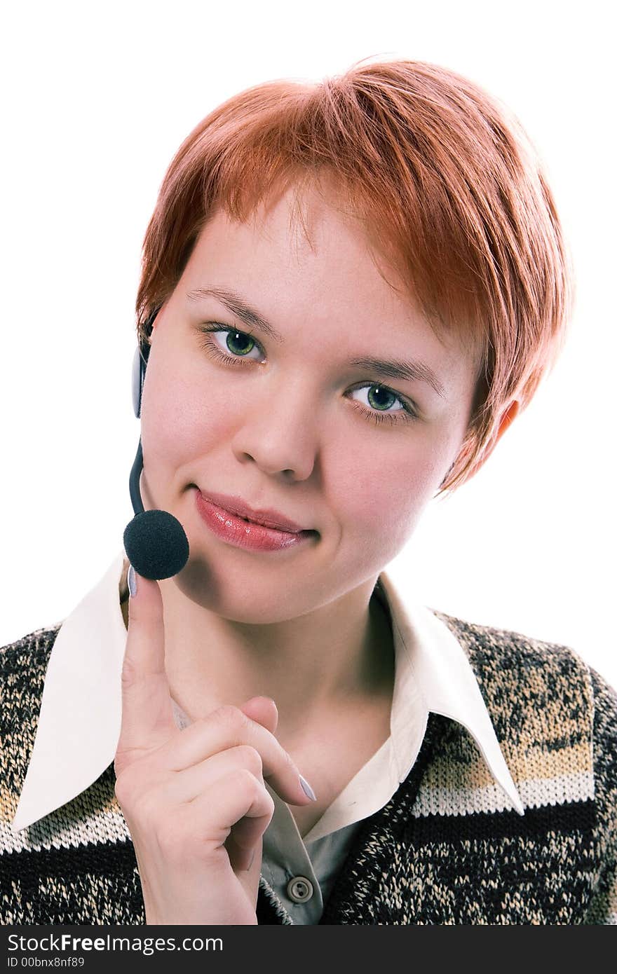 Beauty girl operator with headphones on white background