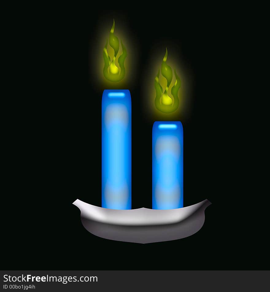 Illustration blue candles with glowing flame on black background. Illustration blue candles with glowing flame on black background