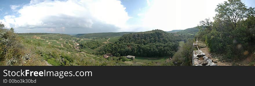 Panorama from the top of a hill with some crosses in Burgundy, France. Panorama from the top of a hill with some crosses in Burgundy, France