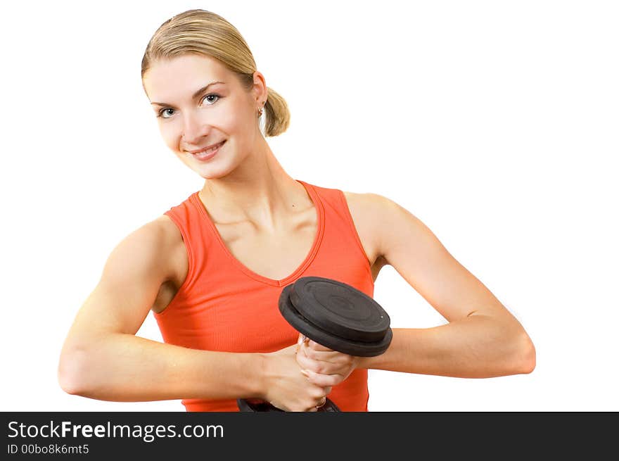 Picture of a blond girl with heavy dumbbell