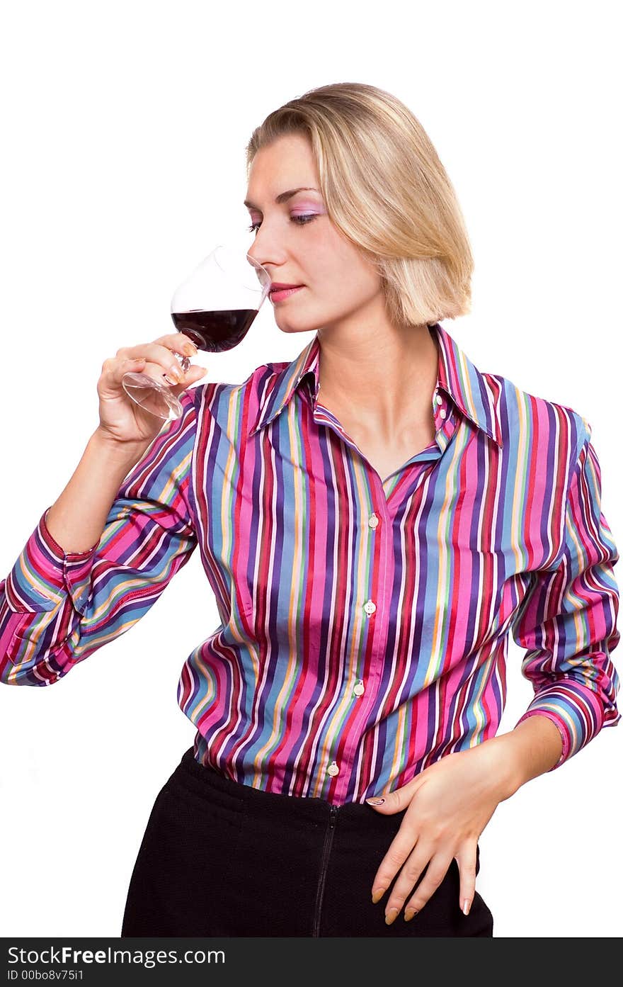 Picture of a beautiful blond girl with a glass of red wine. Picture of a beautiful blond girl with a glass of red wine