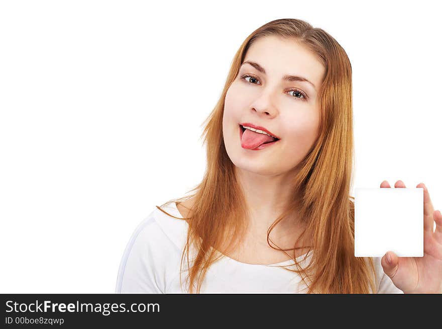 Girl showing the card and her tongue