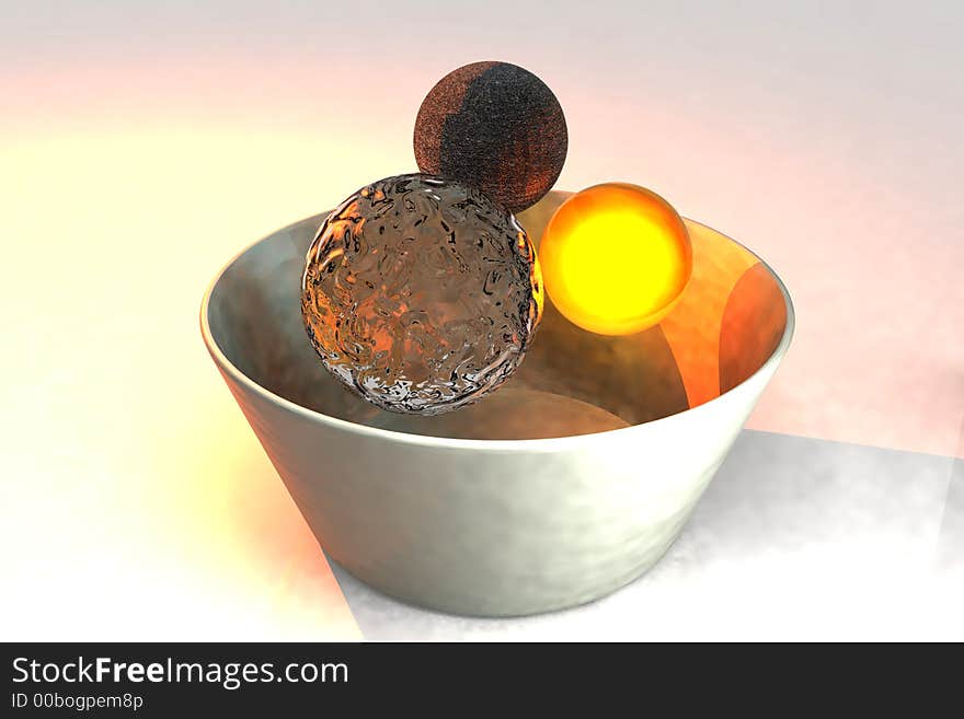 Three fundamental elements in a rugged porcelain bowl (3D render). Three fundamental elements in a rugged porcelain bowl (3D render)