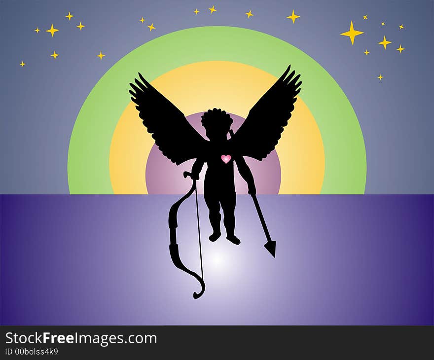 Abstract colored illustration with black cupid shape and stars in the night. Abstract colored illustration with black cupid shape and stars in the night