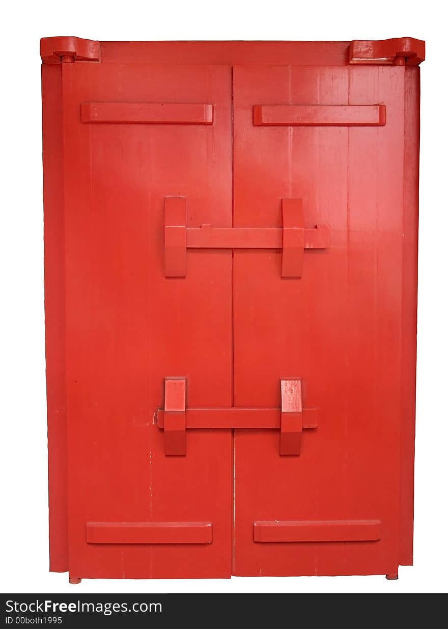 Heavy, wooden red double door, locked with two wooden bars. Isolated on white. Heavy, wooden red double door, locked with two wooden bars. Isolated on white.