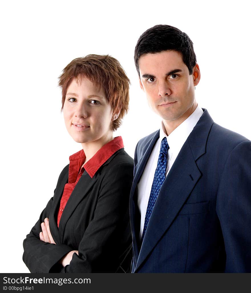 Man in blue suit on isolated white with a businesswoman. Man in blue suit on isolated white with a businesswoman