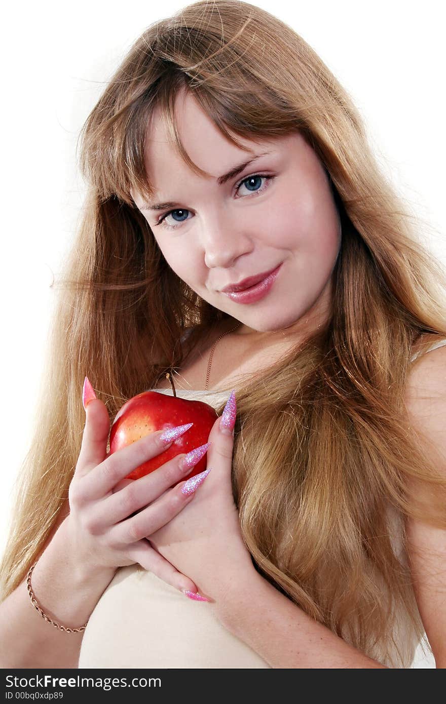 Young beautiful sexy smiling woman on the white background with red apple