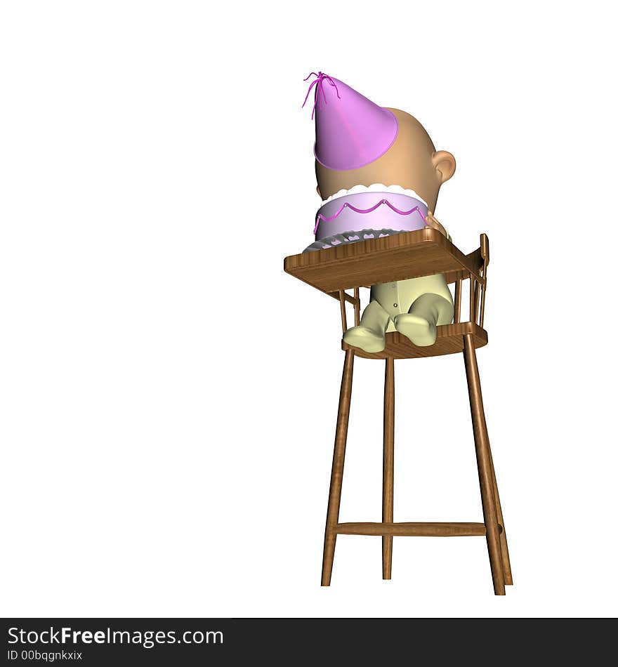 Baby's face in the Birthday Cake.
Baby sitting in a high chair.
Isolated on a white background.