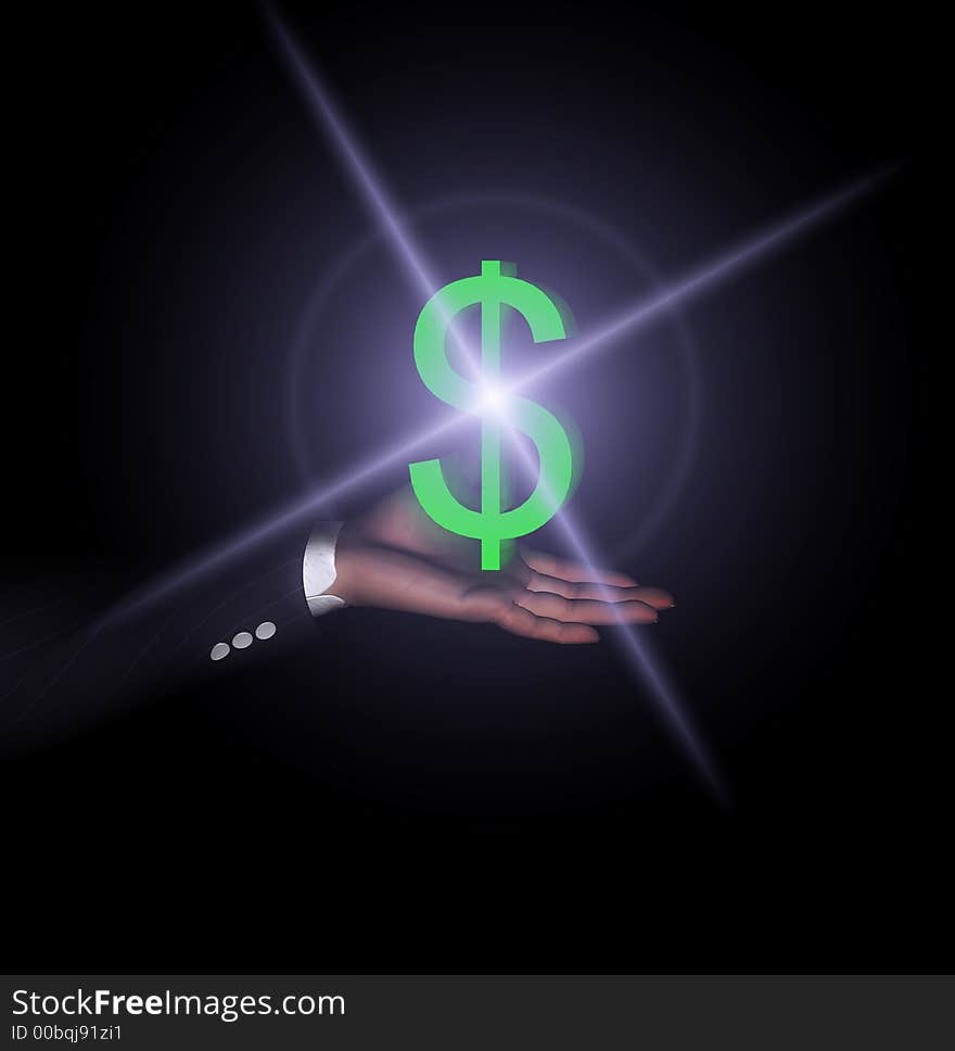 An American Dollar sign held in a businessman's hand which is glowing. An American Dollar sign held in a businessman's hand which is glowing.