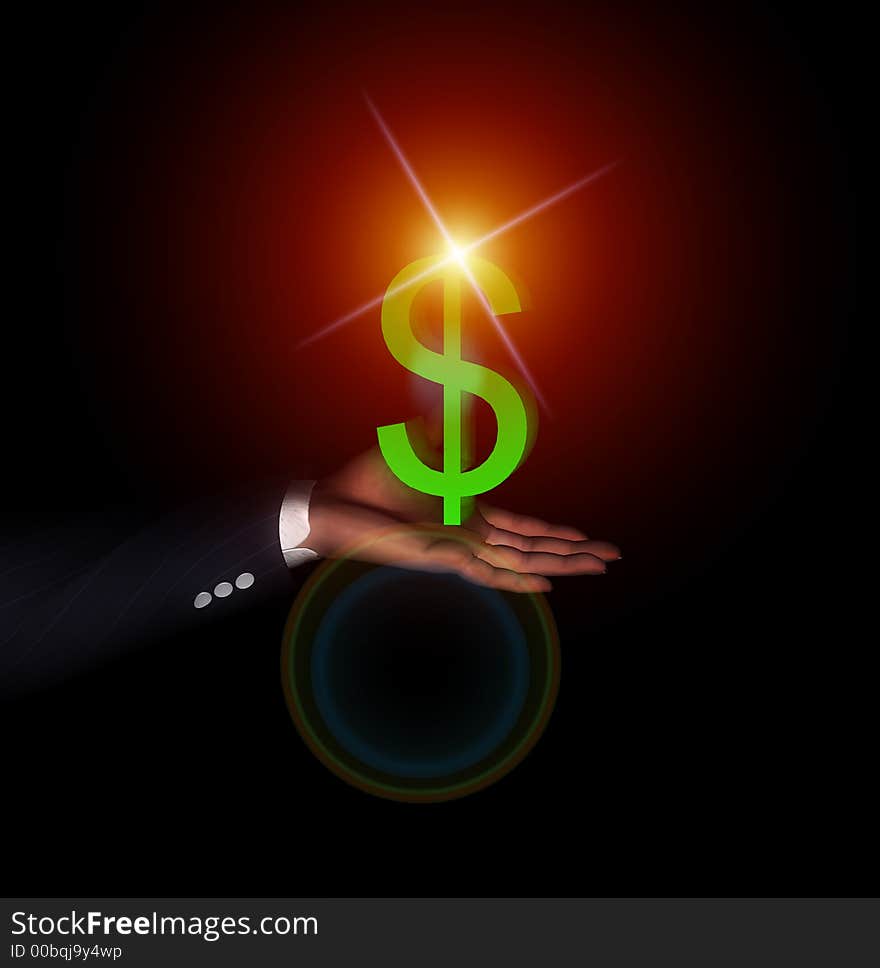 An American Dollar sign held in a businessman's hand which is glowing. An American Dollar sign held in a businessman's hand which is glowing.