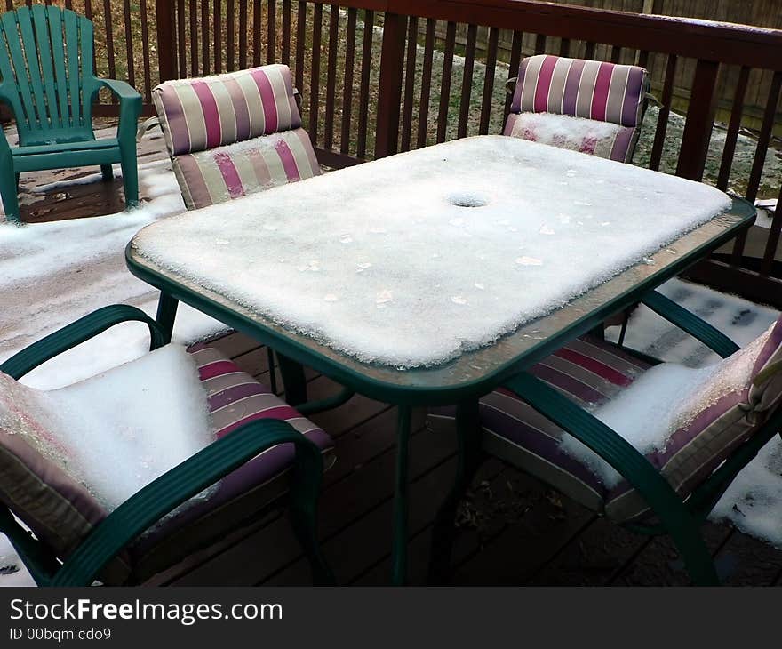 Snow on patio furniture