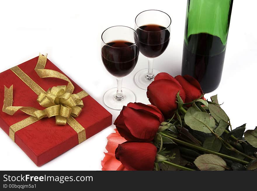 Roses With Present And Wine